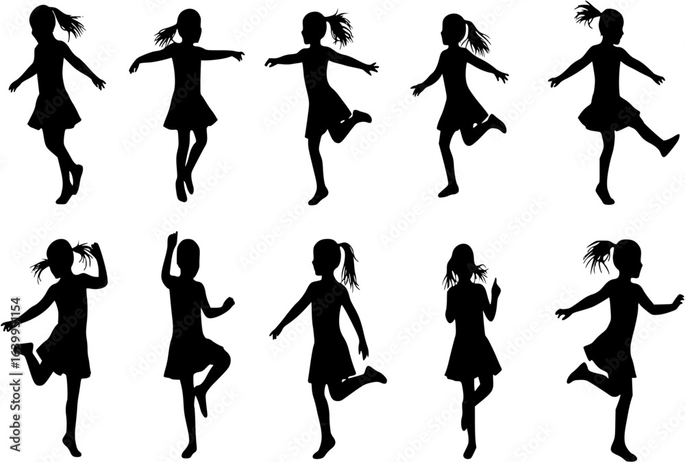 Obraz premium Kid, little girl dancing silhouettes. Good use for symbol, web icons, logo, or any design you want. 