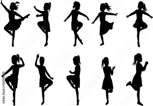 Kid, little girl dancing silhouettes. Good use for symbol, web icons, logo, or any design you want.
