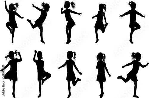Kid, little girl dancing silhouettes. Good use for symbol, web icons, logo, or any design you want.
