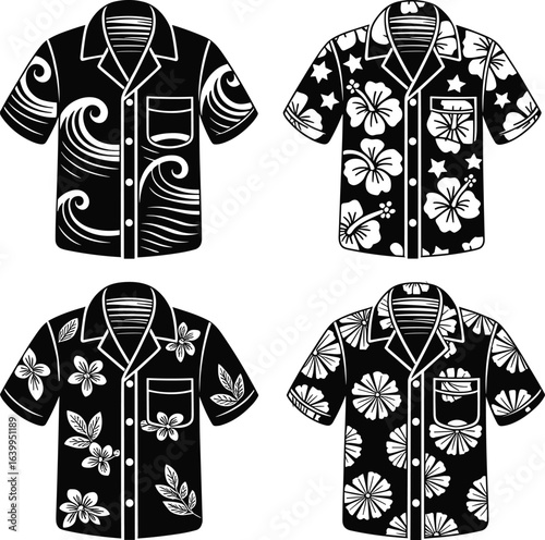 hawaiian shirt vector, floral shirt design, hibiscus pattern shirt, beachwear fashion illustration, tropical shirt art, black white shirt sketch, summer clothing graphic, casual island wear.
