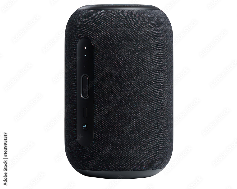 Obraz premium Dark gray, rounded, cylindrical speaker. Features a small, recessed control panel