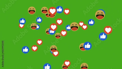 like and heart and smile emoji social media live video isolated on green screen comment chat communication.