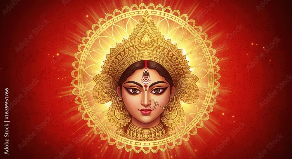 Obraz premium Artistic Maa Durga Face with Golden Mandala Halo – Navratri Festival Art