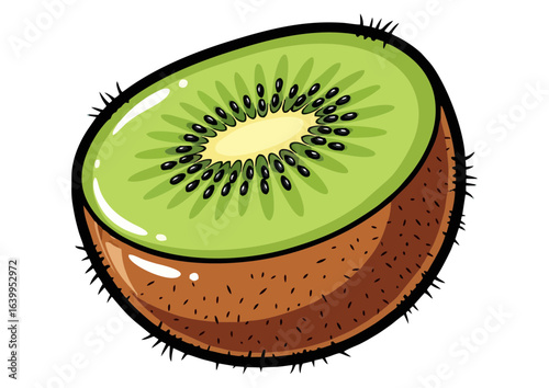 Stylized sliced kiwi fruit revealing its flesh and seeds on a white background, vector illustration 