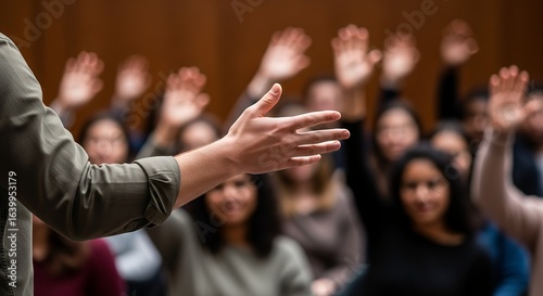 Audience Raising Hands During Presentation or Lecture in Conference Room with Diverse Group of People Attending Event