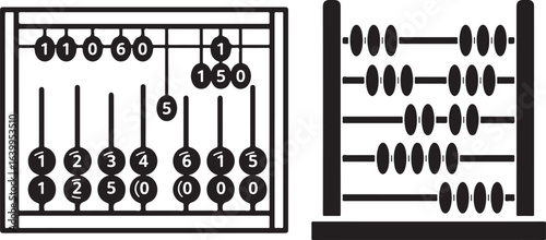 Abacus black and white illustration. Math calculation tool for children's education or finance design.