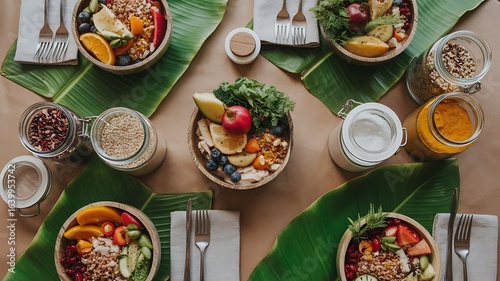 Wallpaper Mural Healthy Eating Concept with Grain Bowls and Spices Surrounded by Tropical Leaves Perfect for Wellness and Nutrition Concepts Torontodigital.ca