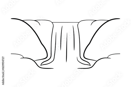 Minimalist single line drawing a waterfall cascading between rocky outcrops nature