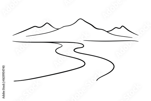 Minimalist single line drawing distant mountains a winding river landscape nature