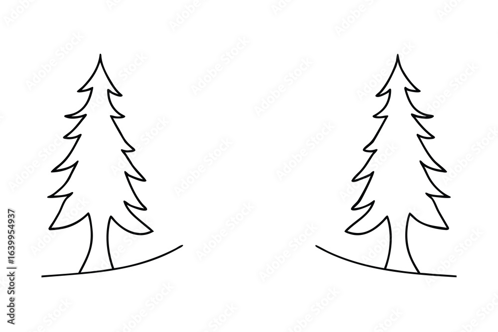 Fototapeta premium Two minimalist single line drawings evergreen trees pine nature
