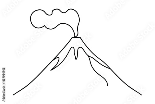 Single line drawing a smoking volcano with lava flows eruption smoke