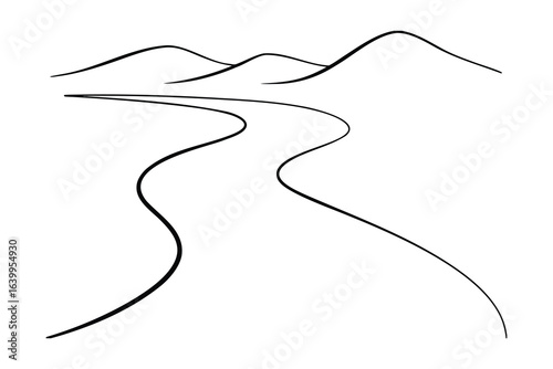 Minimalist line drawing a winding river flowing through rolling hills water stream