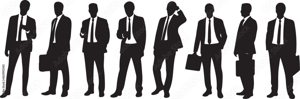 Businessman Silhouettes – Seven Professional Poses with Briefcases and Suits on Transparent Background Businessman Silhouettes – Seven Professional Poses with Briefcases and Suits on Transparent Background