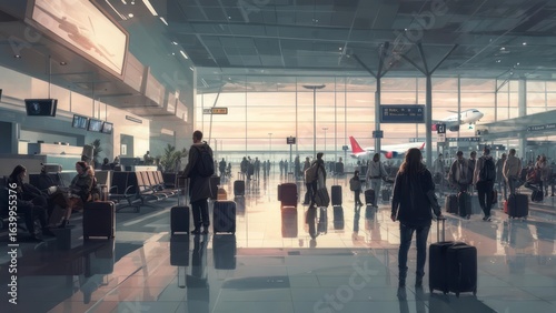 Wallpaper Mural Golden Hour Airport Departure Lounge with Travelers and Airplanes Visible Through Panoramic Windows Torontodigital.ca