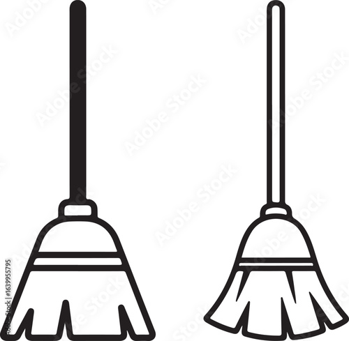 Black and white broom illustration. Cleaning tool vector design element.