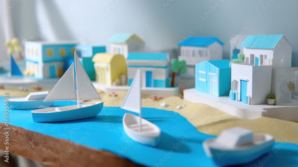 Fototapeta premium Vibrant coastal city model showcases colorful buildings and boats during summer. scene captures playful atmosphere with sandy shores and bright blue waters, evoking sense of joy and relaxation