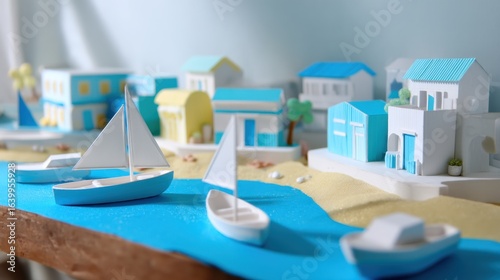 Vibrant coastal city model showcases colorful buildings and boats during summer. scene captures playful atmosphere with sandy shores and bright blue waters, evoking sense of joy and relaxation