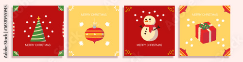 colección de cards navideñas con ilustraciones dibujadas a mano de árbol de navidad, esfera, muñeco de nieve y regalo