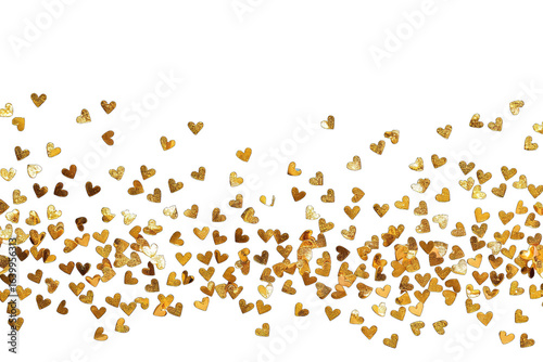 Gold heart confetti bursts horizontally across a black background