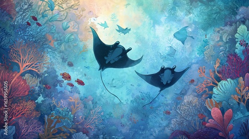 Manta Rays Swim Through a Vibrant Coral Reef Underwater Scene