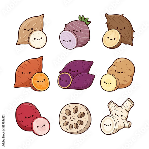 Charming illustrated set of smiling root vegetable characters. Kawaii potato, yam, and taro icons isolated on white.