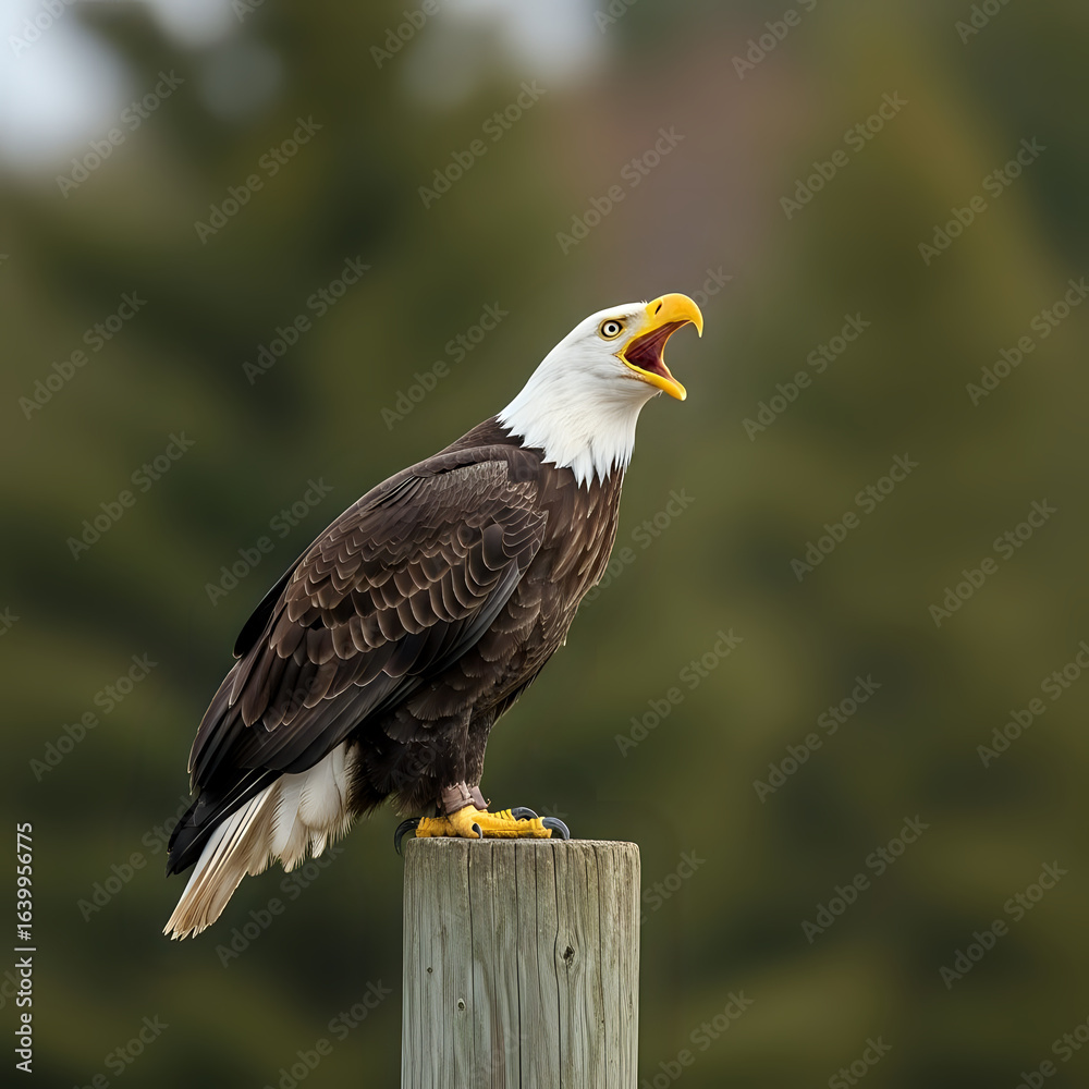 Fototapeta premium A bald eagle perched atop a wooden post with its beak open against a blurred green background outdoors