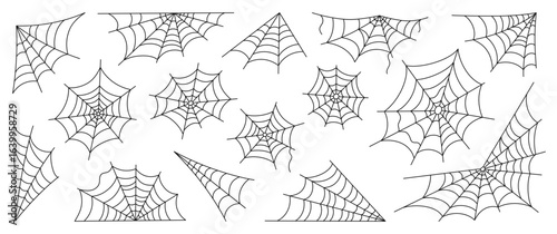 Spider web doodle set. Editable stroke. Halloween scary theme for frame, banner, party decoration etc. Outline drawing. Hand drawn vector illustration isolated on white background.