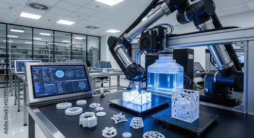 Modern industrial 3D printing facility with robotic arm and various printed components.