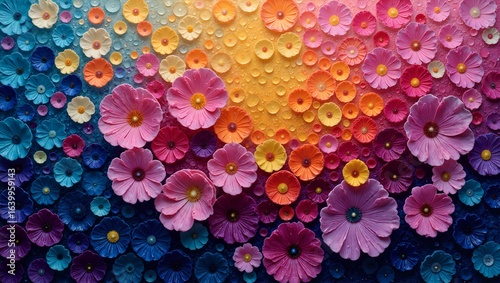 Vibrant floral mosaic in shades of pink, blue, and yellow