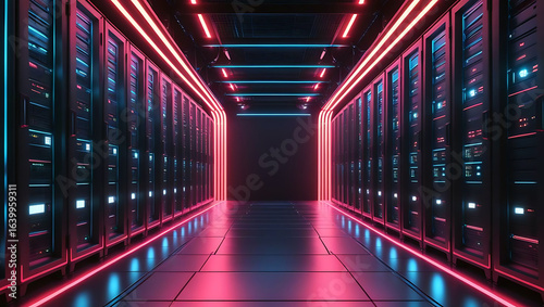 Futuristic Data Center Server Room with Neon Lights