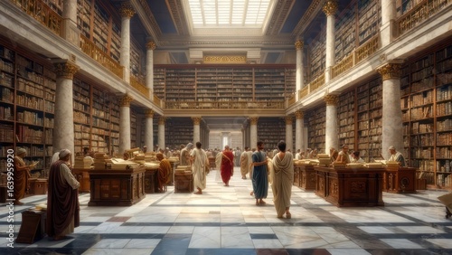 Grandeur of Ancient Knowledge: Scholars Roam the Sunlit, Columned Halls of a Vast Classical Library