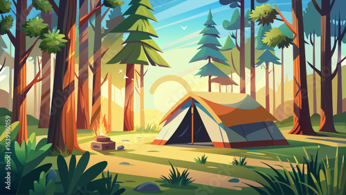 A light colored tent sits in a pine forest as morning sunlight hits it from the side, casting warm glow, creating serene atmosphere, peaceful retreat, calm natural beauty, outdoor charm.