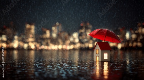 Miniature house protected by umbrella against rain and city lights reflecting, waterfront