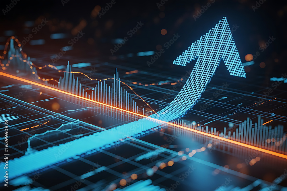 Obraz premium A powerful and dynamic 3D graphic showing a blue, pixelated arrow rising dramatically on a dark, digital background with a glowing grid and data streams.