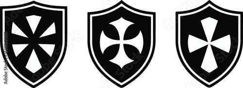 Black Shield Silhouettes with White Cross Designs – Heraldic and Historical Icon Set in Vector Format