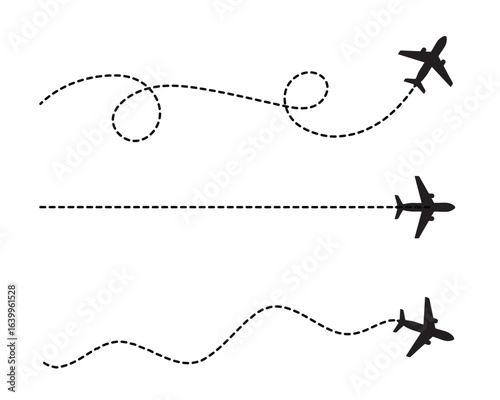 Airplane with dashed and dotted flight path. Flying plane showing twisted, curved, and straight route lines. Transparent background PNG and vector travel illustration.