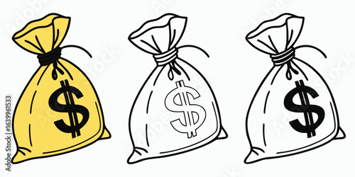 Illustration of three money bags with dollar signs isolated on white background