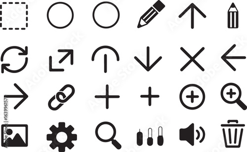 A comprehensive collection of black and white interface and design vector icons