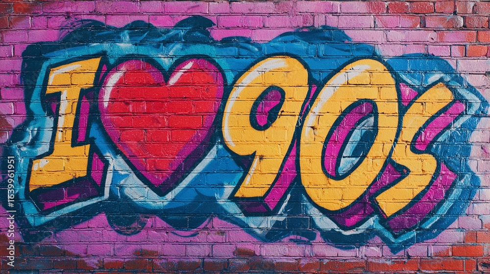 Obraz premium Colorful mural on a brick wall declaring affection. The vibrant colors and bold letters evoke a playful and nostalgic sentiment.