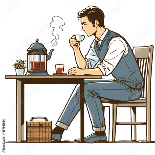 a man is taking tea alone illustration vector 