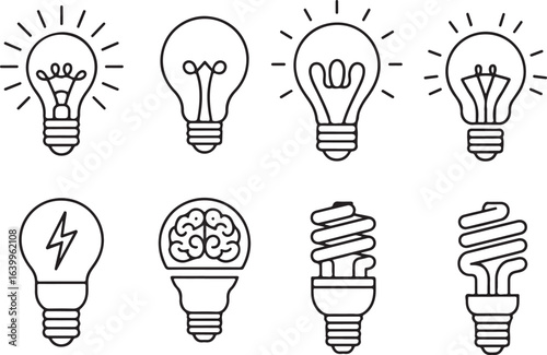 Collection of various illustrated light bulbs representing ideas creativity and innovation