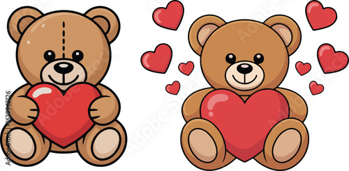 Cartoon Teddy Bear Love Set – Cute Silhouette Illustrations Holding Hearts for Valentine’s and Romantic Themes