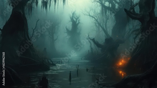 Lone Campfire's Glow Pierces the Eerie Mist of an Ancient Swamp