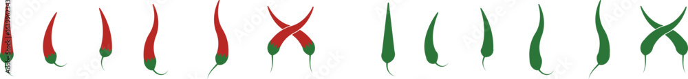 Obraz premium Chili pepper icon set, capsicum collection hot spice vector group, jalapeno silhouette and outline, cayenne symbol bundle, vegetable pictogram pack in line style for seasoning design isolated
