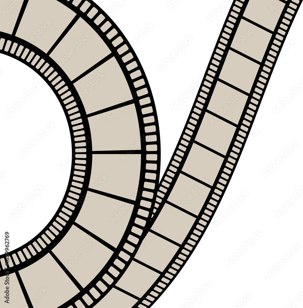 Fototapeta premium Stylized film strip forming a curve and straight line. Cinema and movie production concept for entertainment industry design.