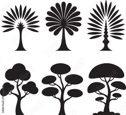 Tree Silhouette Vector Set – Palm and Deciduous Black Icons in Stylized Landscape Format