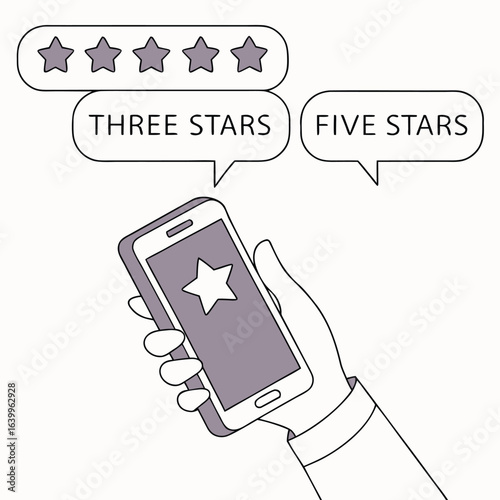 Vector art of customer satisfaction shown on a mobile phone with star ratings and feedback isolated on white background