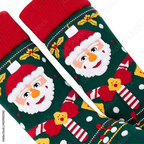 Festive Santa socks with candy cane and Christmas tree decorations
