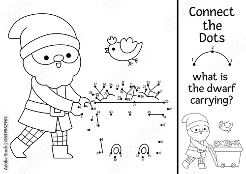 Vector dot-to-dot and color activity with dwarf with treasure cart. Fantasy forest connect the dots game. Magic woods coloring page, printable worksheet for kids. What is gnome carrying?