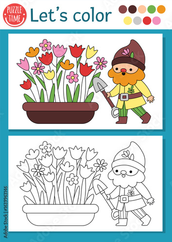 Pre-made coloring page for children with garden dwarf with spade and flower bed. Vector fairytale outline illustration with gnome. Fantasy forest color book for kids with colored example